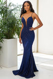 Navy Sequins Mermaid Spaghetti Straps Formal Dress