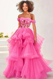 Fuchsia Ball Gown Tulle Off the Shoulder Ruffles Prom Dress