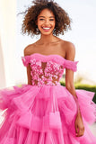 Fuchsia Ball Gown Tulle Off the Shoulder Ruffles Prom Dress