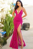 Lace Fuchsia Sheath Spaghetti Straps Formal Dress with Slit