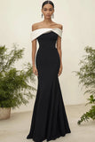 Black Matte Satin Contrast Sheath Off the Shoulder Formal Dress