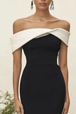 Black Matte Satin Contrast Sheath Off the Shoulder Formal Dress