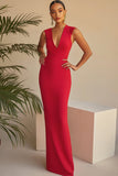 Red Satin V-Neck Sleeveless Formal Dress