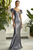 Metallic Dark Grey Sheath V-Neck Formal Dress with 3D Flowers