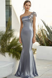 Elegant One Shoulder Dark Grey Satin Formal Dress with 3D Flowers