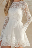 Lace Scoop Neck White A Line Long Sleeves Graduation Dress