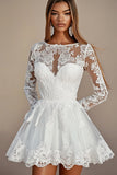 White Boat Neck Lace Appliques A Line Long Sleeves Short Graduation Dress