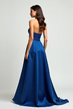 Navy A Line Strapless Satin Ruched Formal Dress