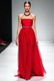 Red A Line Strapless Tulle Beaded Gala Dress