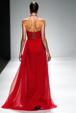 Red A Line Strapless Tulle Beaded Gala Dress