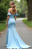 Light Blue Mermaid Off The Shoulder Ruched Wedding Guest Dress