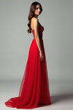 A Line Red Corset Strapless Beaded Long Wedding Guest Dress