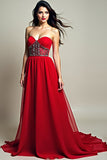 A Line Strapless Red Beaded Long Prom Dress