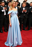 Light Blue A Line Detachable Sleeves Pleated Satin Gala Dress