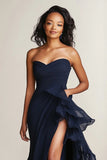 Navy Sweetheart Ruffled Mermaid Long Formal Dress with Slit