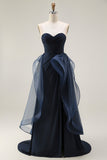 Navy A Line Sweetheart Ruched Long Prom Dress with Ruffles