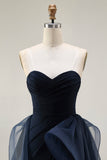 Navy A Line Sweetheart Ruched Long Prom Dress with Ruffles