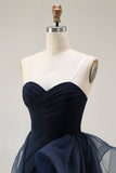 Navy A Line Sweetheart Ruched Long Prom Dress with Ruffles