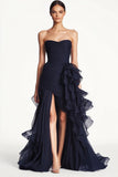 Navy A Line Strapless Ruffled Long Formal Dress with Slit
