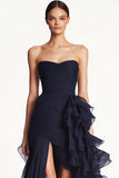 Navy A Line Strapless Ruffled Long Formal Dress with Slit