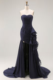 Navy Sweetheart A Line Pleated Prom Dress with Ruffled Sash
