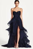 Elegant Navy Ruffled A Line Sweetheart Formal Dress with Slit