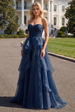 Navy Princess Strapless Ruffled A-Line Long Prom Dress
