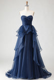 Navy Ball Gown Sweetheart Ruffled Long Formal Dress with Front Slit