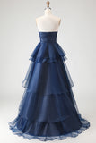 Navy Ball Gown Sweetheart Ruffled Long Formal Dress with Front Slit