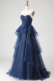 Navy Princess Strapless Ruffled A-Line Long Prom Dress