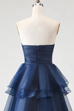 Navy Princess Strapless Ruffled A-Line Long Prom Dress