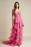 Coral Tulle Tiered A Line Strapless Prom Dress with Beading