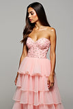 Blush Tiered Tulle Strapless A Line Prom Dress