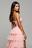 Blush Tiered Tulle Strapless A Line Prom Dress