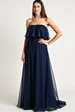 Navy Tulle Strapless A-Line Long Wedding Guest Dress with Ruffles