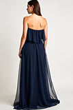 Navy Tulle Strapless A-Line Long Wedding Guest Dress with Ruffles