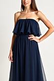 Navy Tulle Strapless A-Line Long Wedding Guest Dress with Ruffles