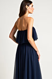 Navy Tulle Strapless A-Line Long Wedding Guest Dress with Ruffles