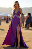 Dark Purple Spaghetti Straps Tassels Long Wedding Guest Dress with Slit