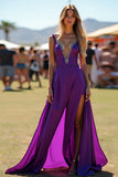 Dark Purple Spaghetti Straps Open Back Long Wedding Guest Jumpsuit