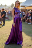 Dark Purple Round Neck Open Back Long Wedding Guest Dress with Sequins