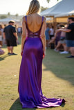 Dark Purple Round Neck Open Back Long Wedding Guest Dress with Sequins