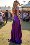 Dark Purple Round Neck Open Back Long Wedding Guest Dress with Sequins