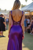 Dark Purple Round Neck Open Back Long Wedding Guest Dress with Sequins