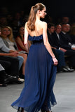 Navy Tulle Strapless A-Line Long Wedding Guest Dress with Ruffles