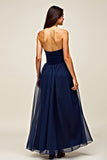 Navy Tulle Sweetheart A-Line Long Wedding Guest Dress with Ruffles