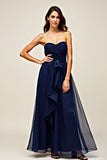 Navy Tulle Sweetheart A-Line Long Wedding Guest Dress with Ruffles