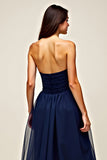 Navy Tulle Sweetheart A-Line Long Wedding Guest Dress with Ruffles