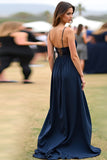 Navy Spaghetti Straps A-Line Long Wedding Guest Dress