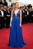 A Line Royal Blue Deep V-Neck Sequins Gala Dress